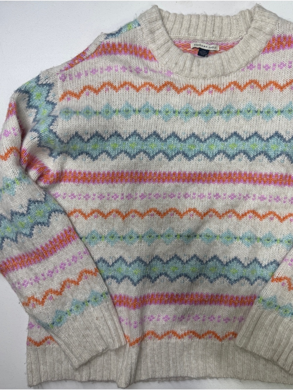 American Eagle Women’s Large Fair Isle Sweater Cream Multicolor Nordic Knit